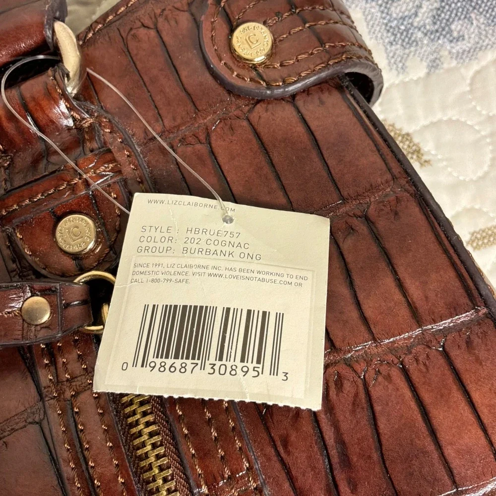 Liz Claiborne Satchel Women Large Brown New Y2K Croc Embossed Faux Leather